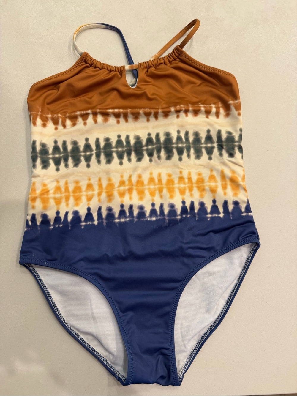 Zara Girls Tie-Dye Stripe One-Piece Swimsuit in Rust, Navy & White